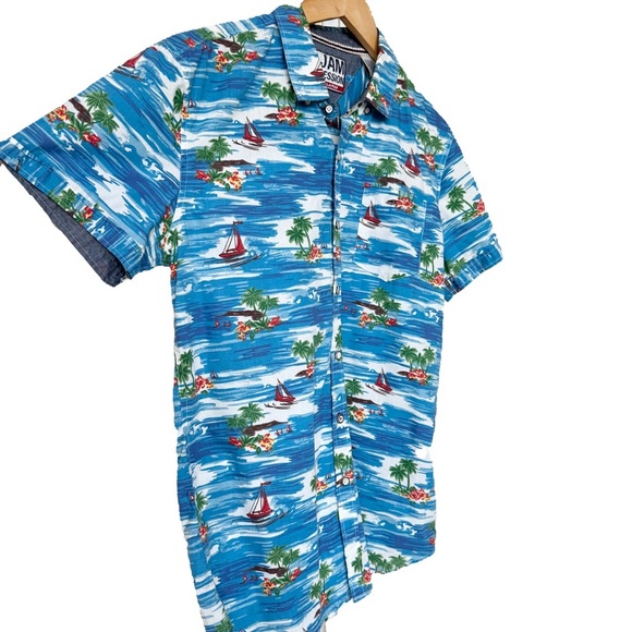 JAM SESSION Men's Blue Graphic Print Hawaiian Shirt Size L Slim Fit Summer - Picture 4 of 11
